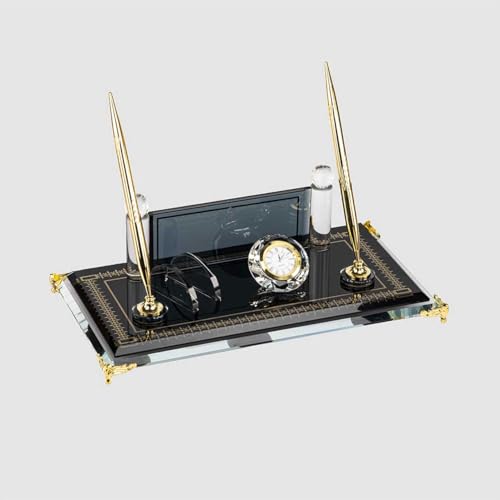 Personalized Glass Desk Name Plate with Clock, Pen and Cardholder, Custom Name Plate, Desk Sign, Gold Colored Pens
