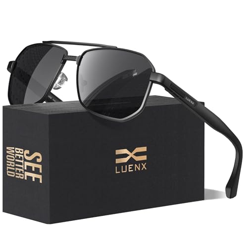 LUENX Aviator Polarized Sunglasses for Men: 99% Anti Glare - UV Protection - Designer Vinatage Trendy Square Style for Driving Fishing Cycling Beach - Black Lens Black Glossy Temple