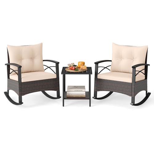 Image of Tangkula 3 Pieces Wicker Outdoor Rocking Chairs Set | Heavy Duty | Cushioned | Rattan Rocker Bistro Set w / 2-Tier Tempered Glass Coffee Table for Garden, Balcony, Backyard
