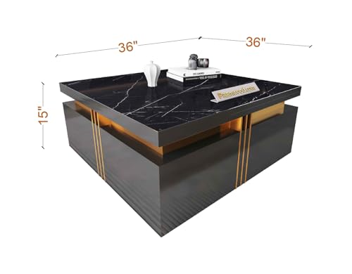Image of Premium Marble-Top Wooden Center Table for Living Room | Coffee Table | Contemporary Design Craftsmanship (Black Big - 36x36x17 Inch)
