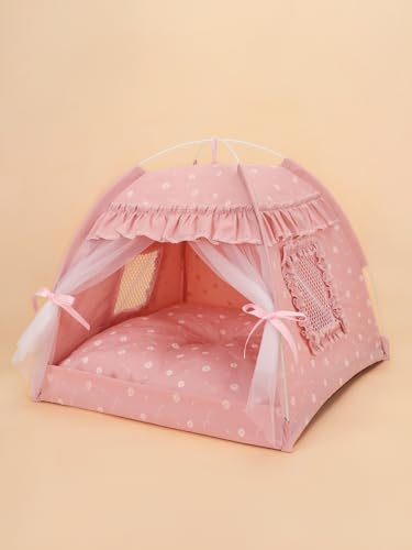 Tenda per interni a forma di principessa per gatti, cuccia per cani e animali domestici con grazioso motivo floreale, portatile (M: 38 x 38 x 36 cm (rosa piccolo fiore, L)
