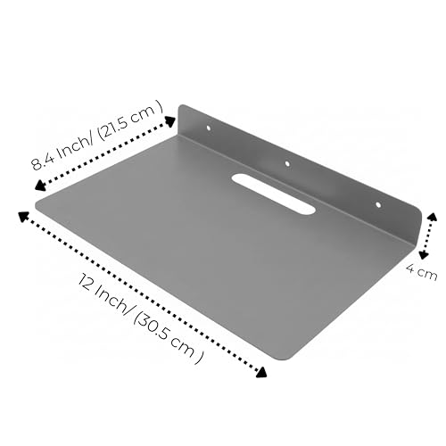 Image of OrganizeMee 30.5 x 21.5 x 4 cm Wall Mount Floating Shelf for Set Top Box, Metal L-Shaped Bracket with Cable Hole & 3 Screw Holes, (Grey)