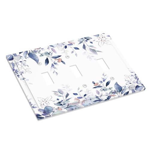 Decorative Switch Plate Covers Rustic Ink Blue Eucalyptus Leaves Sage leaf 3 Gang Light Switch Cover Plate Triple Toggle Wall Plate Light Switch Covers for Bedroom Home Decor