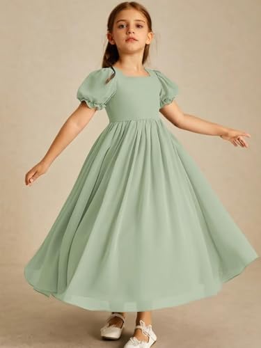 Chiffon A-line Junior Bridesmaid Dress with Bow Short Sleeve Long Flower Gir Dresses for Wedding3