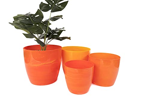 Home Garden Ornaments Plant Pots Indoor Set of 4 Sizes 12/14/16/18cm Diameter – Plastic Plant Pot Yellow-Orange Marble – Durable Flower Pots Outside with Glossy Surface (Yellow-Orange Marble)