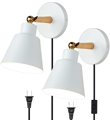 Clankin Plug In Wall Sconces Lighting Fixture Set Of 2, Bedside Wall Mounted Lamp For Industrial Bedroom Hallway Living Room (2 Pack White With 1.8M Plug In Cord) #TOP24