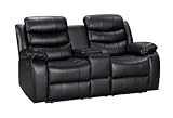 Sofá reclinable de 2 plazas en cuero negro con portavasos - Sofá de relajación moderno con asientos reclinables y confort acolchado - 185 x 90 x 90 cm - Ideal para salón y cine en casa