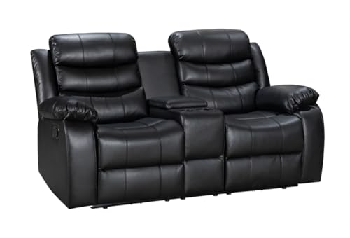 Canapé inclinable 2 places en cuir noir avec porte-gobelet – Canapé de relaxation moderne avec sièges inclinables et confort rembourré – 185 x 90 x 90 cm – Idéal pour salon et home cinéma
