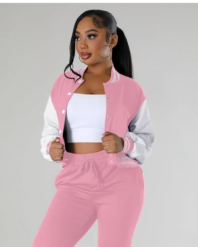 Doweha Women Faux Leather Jacket Light Moto Bomber Jackets Cropped Letterman Baseball Jacket Fall Coat with Pockets4