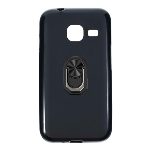 UOGNADGD Flexible Case + Ring Holder Compatible with Samsung Galaxy J1 Mini 2016 Phone Shockproof Cover & Magnetic Mecha Style Finger Grip Kickstand (Black+BlackRing)