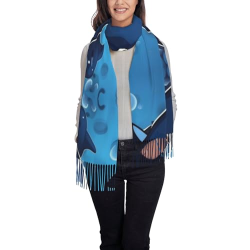 Écharpe baleine bleue noire en toucher cachemire, modèle long et doux taille unique pour homme femme