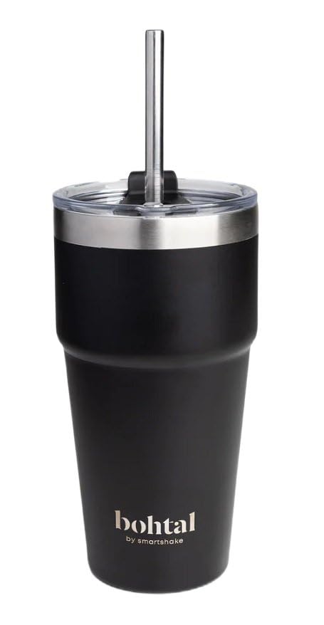 Smartshake Bohtal Doppelt isolierter Reisebecher mit Strohhalm, Schwarz, 600 ml
