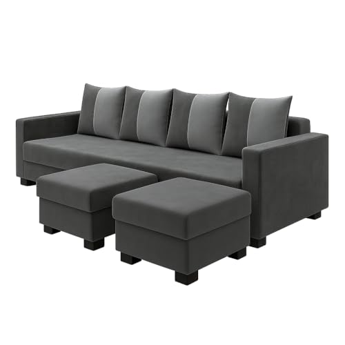 Image of SOCOZI Braviza 6 Seater L Shape Sofa Set with 2 Movable Ottomans | Flexible Layout | Soft Velvet Suede Fabric | Modern Design | Plush Comfort Cushions for Living Room (Dark Grey-Light Grey)