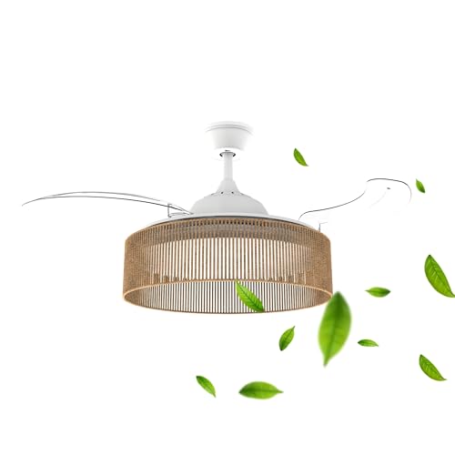 Mellerware - Ventilador de Techo con Luz y Lámpara de cuerda Brizy Bright Rattan | 40 W | 6 Velocidades | 3 Aspas 106 de Diámetro | Ultra Silencioso | Función Verano-Invierno | Temporizador | LED