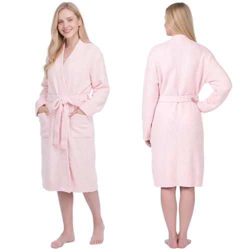 Image of PAVILIA Premium Plush Robe for Women, Soft Cozy Fuzzy Bathrobe with Pockets, Warm Mid-Length Lounge Robe with Tie Belt