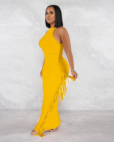 Image of 2 Piece Outfits for Women Sexy Halter Neck Sleeveless Crop Tops Ruched Bodycon Dresses Jumpsuits Fringe Skirt Sets