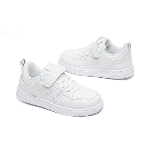 Kids White Sneakers with Hook and Loop Straps, Perforated Design, Casual Athletic School Shoes