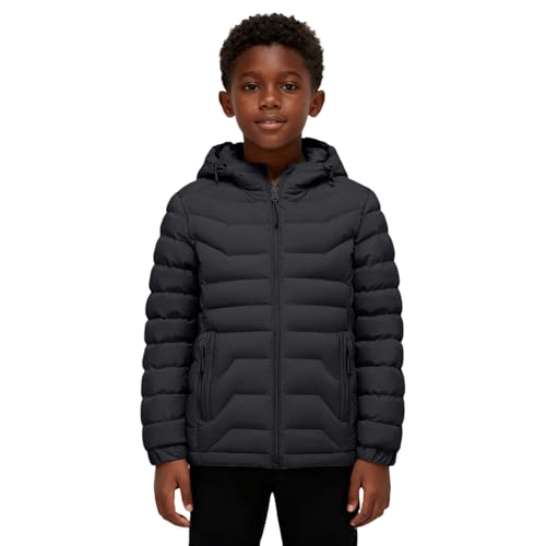 LinRim Chaqueta para niños y niñas, chaqueta de entretiempo, chaqueta acolchada, cortavientos, chaqueta para exteriores, monocolor, chaqueta con capucha con cremallera, Negro , 120