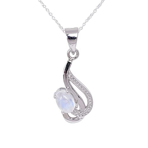 Image of Gemkora Natural Moonstone Gemstone Cabochon Oval Dainty Pendant Necklace, Zodiac, June Birthstone, Healing Crystals Women Jewelry in 925 Sterling Silver Chain 18 inch