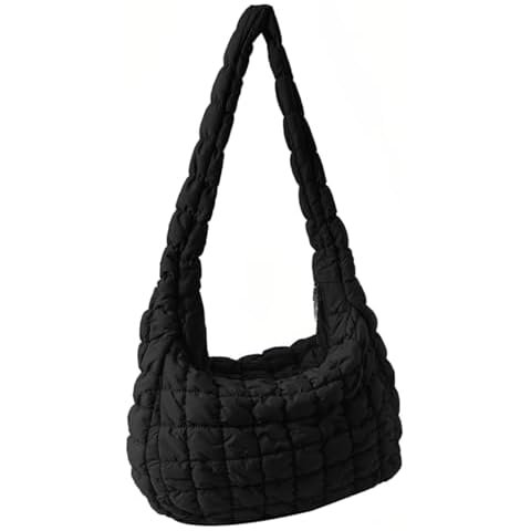 IAUGO Puffer tote bag for Women,Quilted crossbody bag with Long Shoulder Strap,Lightweight Nylon Handbag Ideal for Leisure, Strolls, and Travel-Black Cover