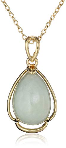 18K Yellow Gold Plated 925 Sterling Silver Genuine Green Jade Open Teardrop Pendant Necklace, 18