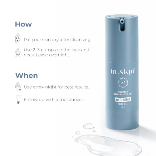 Image of in.skin Anti-Aging Night Gel with 2% Argireline Peptide, 2% Niacinamide & 2% Vitamin C | Overnight Repair Gel for Fine Lines, Glow & Even Skin Tone (30 g)