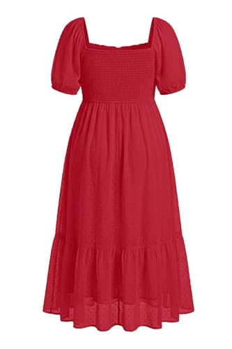 Image of Plus Size Summer Dresses - Swiss Dot Smocked Square Neck Puff Sleeve Boho Maternity Maxi Dress for Baby Shower Wedding Guest