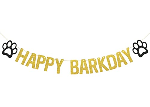 Image of Happy Barkday Banner for Dogs, 1st Birthday Party Sign Decorations, Puppy Animal Theme Supplies, Paw Print Sign (Gold Glitter)
