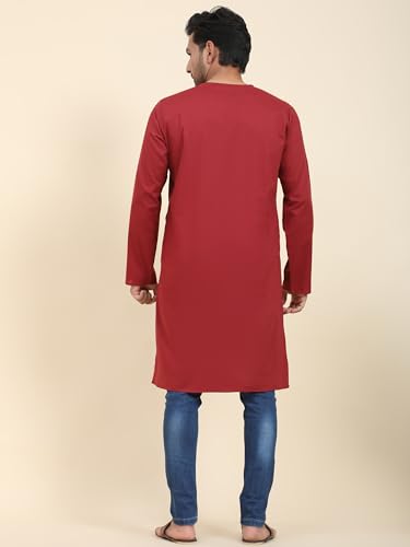 Image of Amazon Brand - Anarva Men's Cotton Solid Round Neck Kurta Long Sleeves Straight Knee Length Casual Shirt