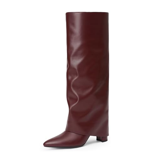 Modatope Knee High Boots Women Fold Over Knee High Boots Chunky High Heels Long Boots Zipper Pointed Toe Dress Tall Boots for Women 9 Burgundy Pu