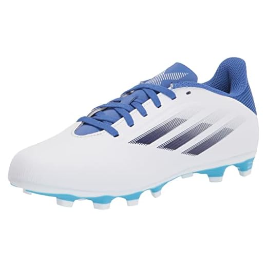 adidas Unisex X Speedflow.4 Flexible Ground Soccer Shoe, White/Legacy Indigo/Sky Rush, 4 US Men