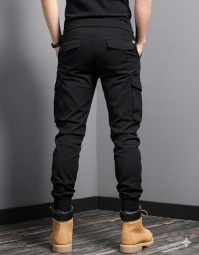 Image of Men's Slim Fit Cargo Joggers - Tactical Utility Track Pants with Multi-Pockets, Elastic Waistband & Cuffed Ankle, Black