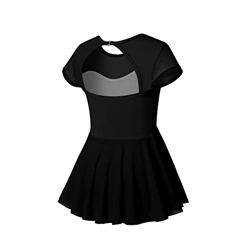 Phineein Girls Short Sleeve Ballet Dance Dress Kids Athletic Rhinestone Hollow Back Gymnastics Leotards With Skirt (7-8 Years, Black) #TOP2