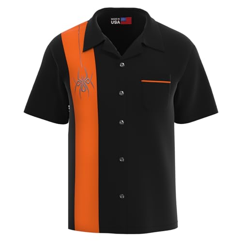 Premium Mens Tribal Tattoo Shirt - Made in USA - Black and Orange, Half Sleeve Halloween Bowling Shirt ~ RetroSpider