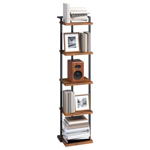 MAHANCRIS Bücherregal, Standregal 5 Ebenen, DVD-Standregal, Küchenregal, Industriestil Büroregal, 33 x 25,5 x 132 cm, Offene Ablagen, für Büro, Wohnzimmer, Schlafzimmer, Vintagebraun ABKHR11501