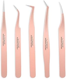 LANKIZ Eyelash Extension Tweezers Set 5 PCS for Eyelash Extensions Stainless Steel Lash Tweezers for Volume Lash Extensions-Rose Gold