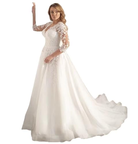 Women’s A-line Plus Size Wedding Dress, Sheer Lace 3/4 Sleeves Wedding Dress for Brides2