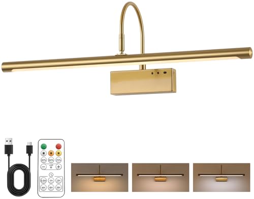 Image of Battery Operated Picture Light with Remote, 24 inch Wireless Rechargeable Art Light with Timer, Dimmable 3CCT Gallery Lighting for Paintings, Portraits, and Canvas (Brass, 23.6inch)