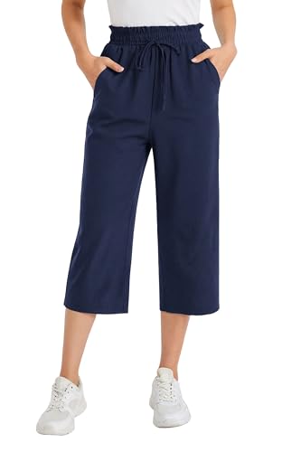 Oyamiki Cropped Trousers Women Summer Navy Blue Wide Leg Lounge Culottes Elasticated Waist Lightweight Casual Pants S