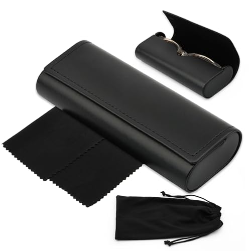 Maxmoc Brillenetui Hardcase Sonnenbrillen Etui Leder mit Brillenputztuch und Brillentasche Brillen Etui Damen und Herren Schwarz für Sonnenbrille Lesebrille Sportbrille