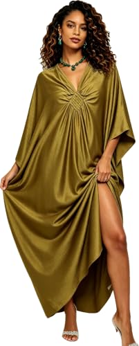 Image of RanRui Caftans for Women Solid Color Chiffon Plus Size Kaftan Dresses Beach Cover Up V Neck Batwing Sleeve Caftans Loungewear