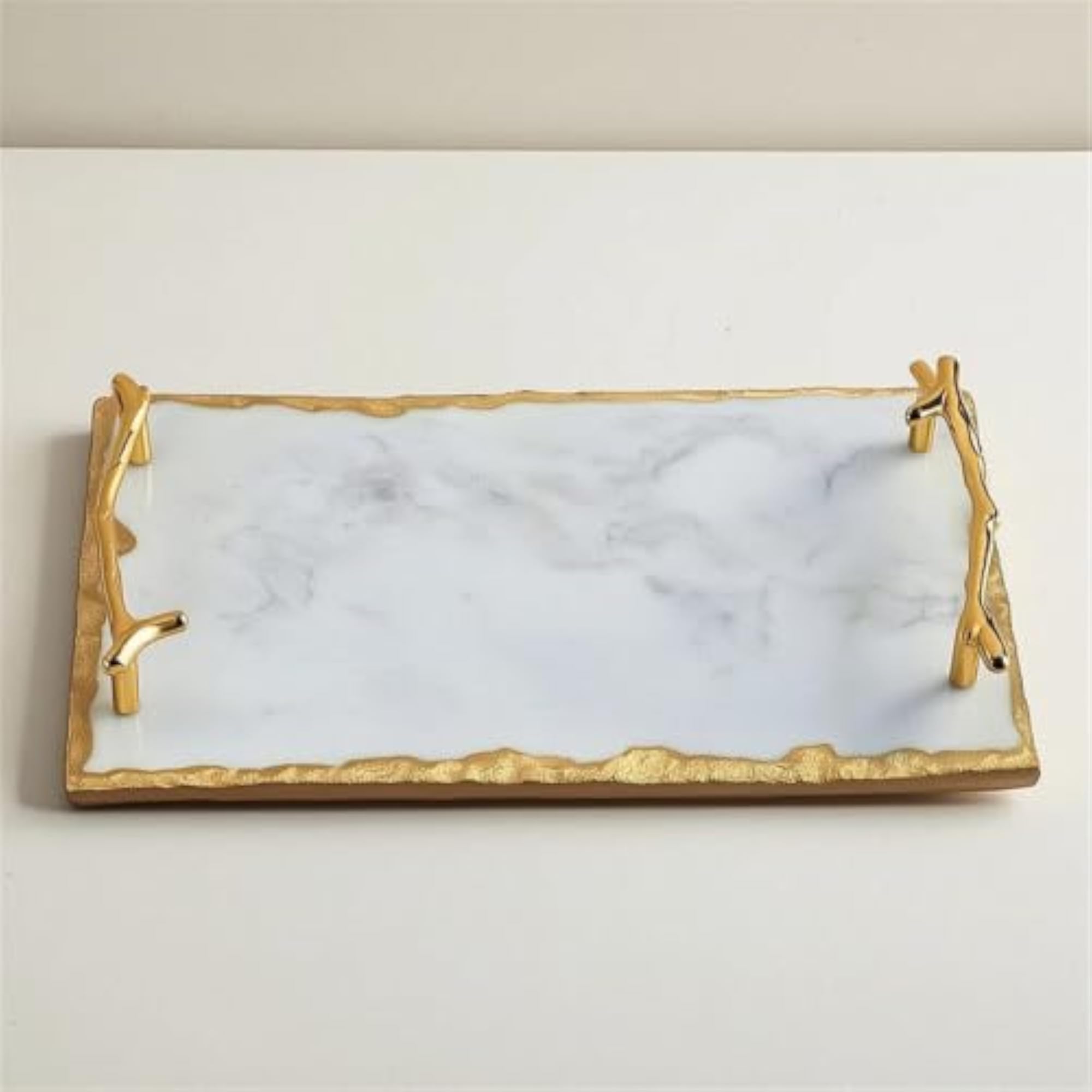 Elegant Marble Tray with Gold Handles, Decorative Rectangular