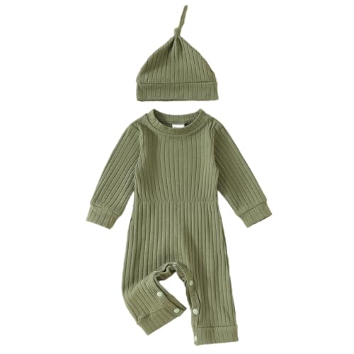 Image of Winioder Newborn Baby Boy Coming Home Outfit Ribbed Long Sleeve Romper Jumpsuit with Hat Newborn Boy Photoshoot Outfits