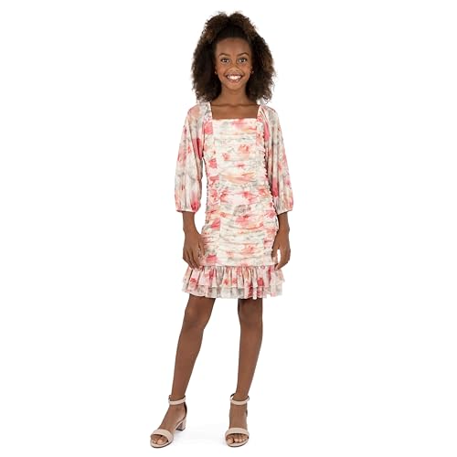 Speechless Girls' 3/4 Puff Sleeve Floral Ruched Ruffle Hem Knee Length Dress