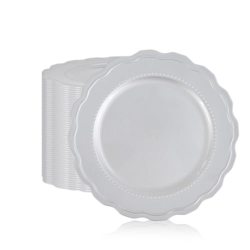 REWOMC 50 Pcs Silvery Charger Plates 13 Inch Plastic Round Plates Acrylic Decorative Plates Suitable for Banquets Parties Weddings REWOMC 50 Pcs Silvery Charger Plates 13 Inch Plastic Round Plates Acrylic Decorative Plates Suitable for Banquets Parties Weddings