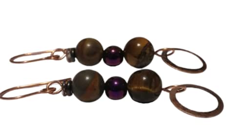 Bamboo Jasper Tiger's Eye Purple Hematite Small Copper Hoop Earrings Handmade By Beads For All
