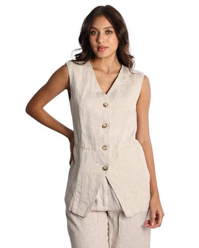 Womens Thick Pure Linen Medium Long Vest With Pockets And Button Closure
