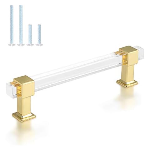 knobelite 10 Pack 5 Inch Hole Center Adjustable Kitchen Cabinet Handles, Modern Gold Drawer Pulls with Square Acrylic Tube and Zinc Alloy Base, Glass Cabinet Pulls for Bedroom and Bathroom Cover