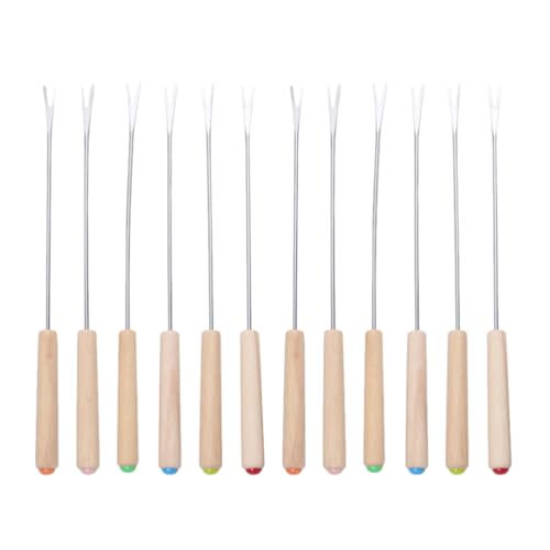 TOPPERFUN 12Pcs Stainless Steel Fondue Forks, 9.43in Cheese Fondue Forks with Heat Insulated Wooden Handle for Cheese Chocolate Chocolate