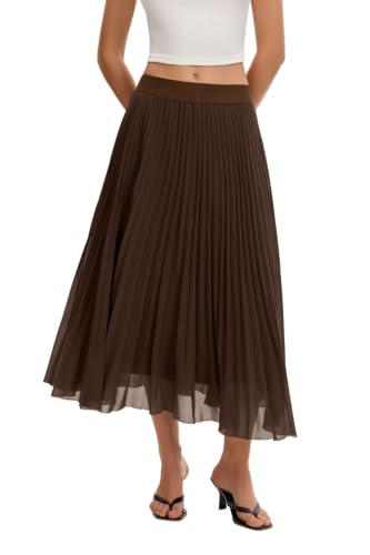 QINSEN Women's Elegant Pleated Midi Skirts Casual A-line Flowy Long